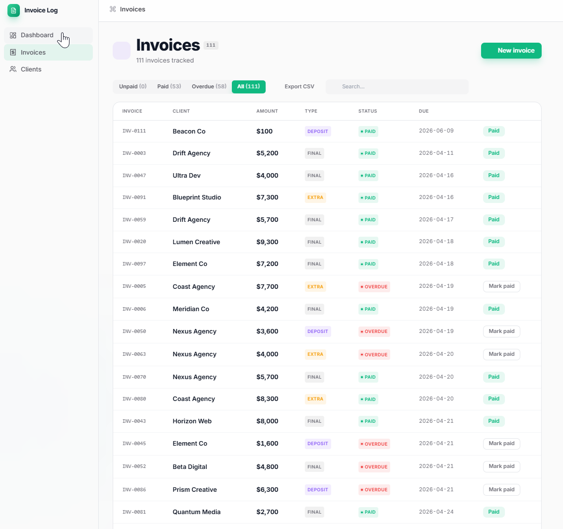 Invoice Log screenshot
