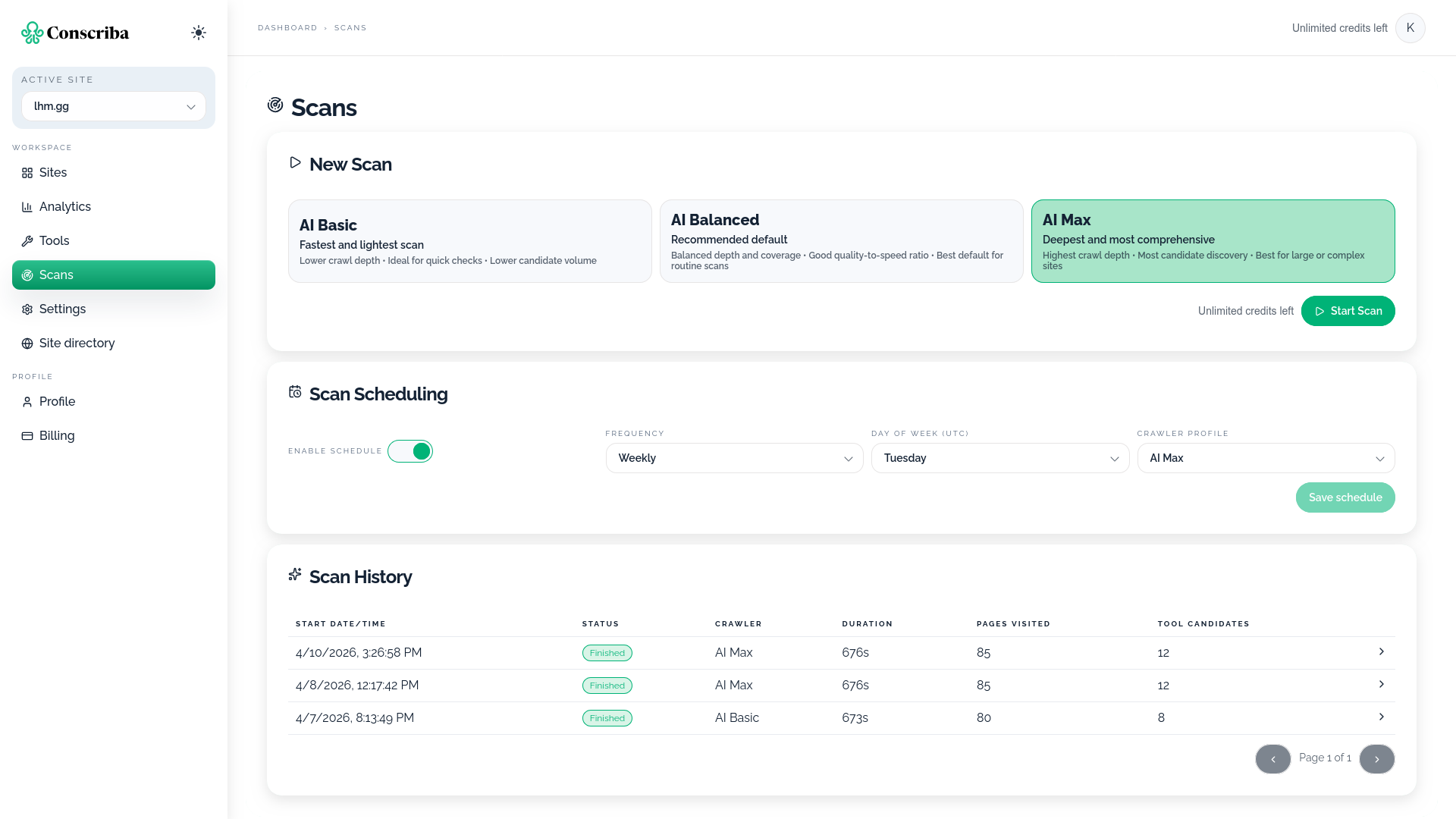 Conscriba - WebMCP optimization screenshot